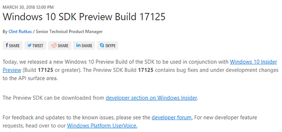 微軟發(fā)布Windows 10 SDK預(yù)覽版Build 17125下載 微軟發(fā)布Windows 10 SDK預(yù)覽版Build 17125下載