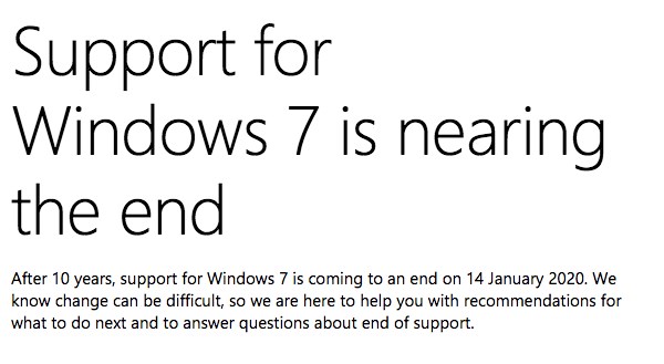 微軟向Windows 7用戶推送顯示“支持終止”通知