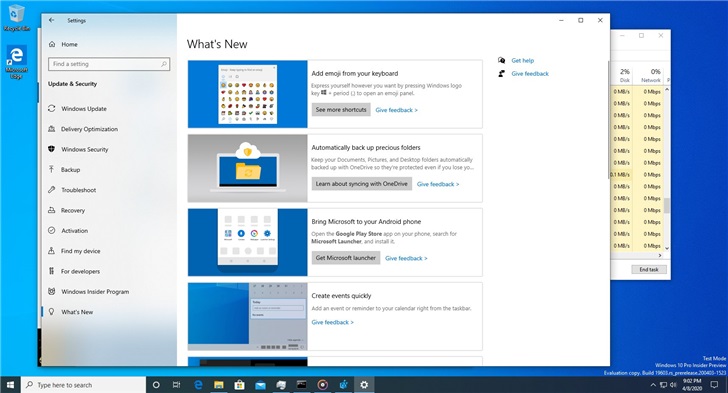 微軟 Win10 快速預(yù)覽版 19603 更新推送:設(shè)置中添加“新增功能”頁面